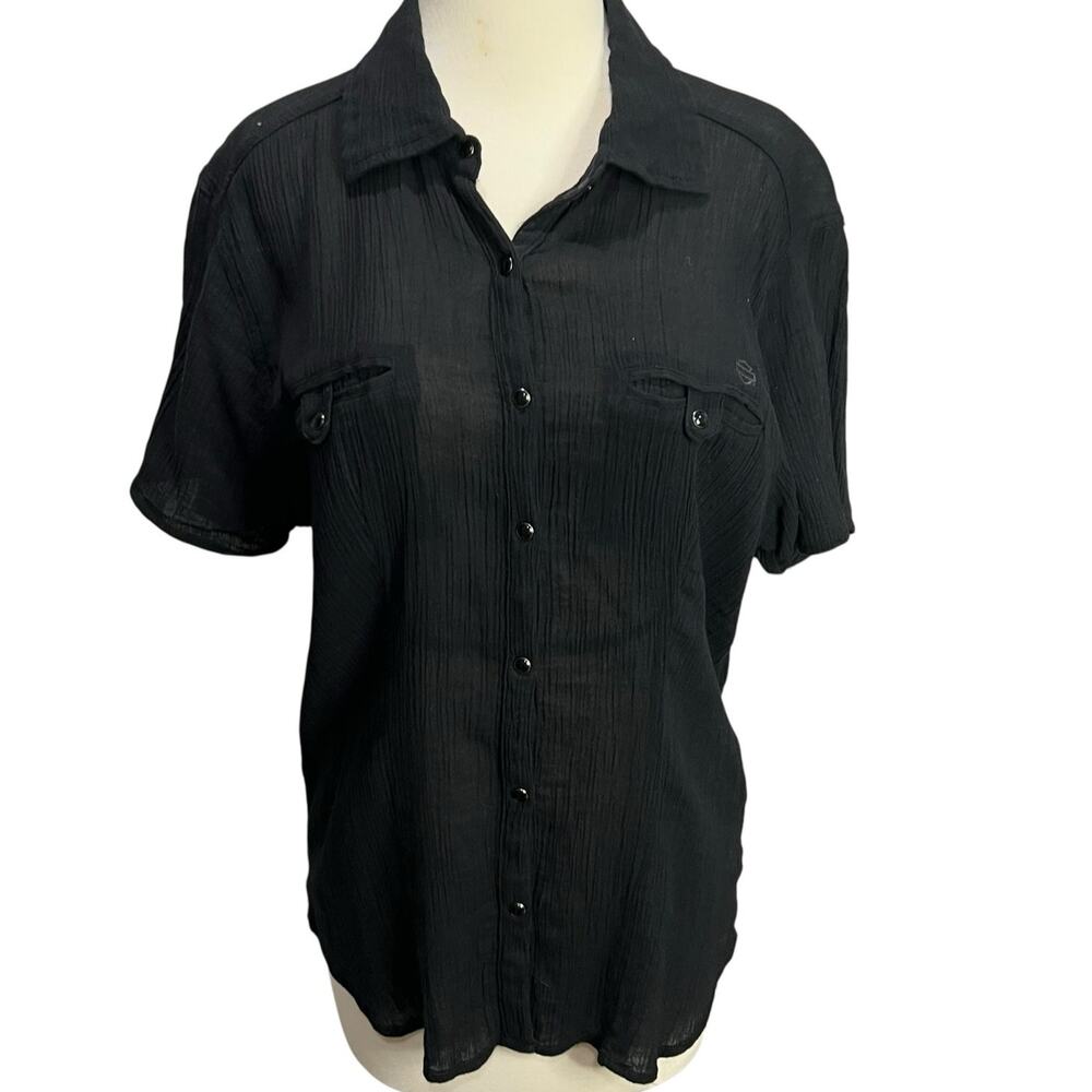 Harley Davidson Shirt Top Womens M‎ Black Pearl Snap Button Gauzy Moto Biker